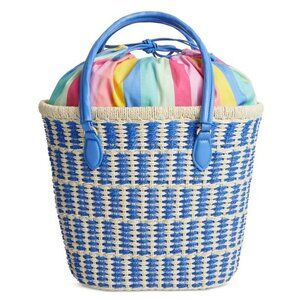 On 34th Isabellaa Women's Straw Medium Drawstring Tote Blue Stripe (MSRP $130)